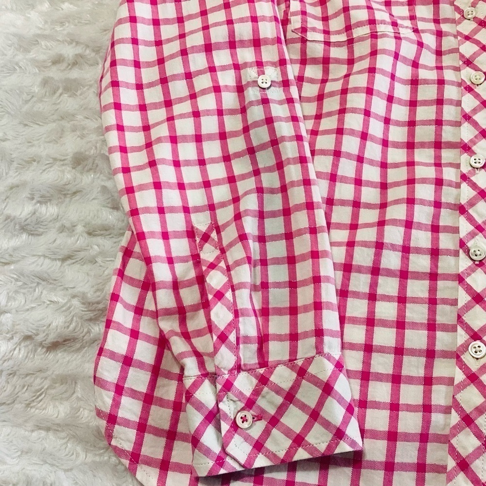 Talbots Pink White Gingham Checkered Metallic Button Up Top Shirt M Cotton - Picture 7 of 11